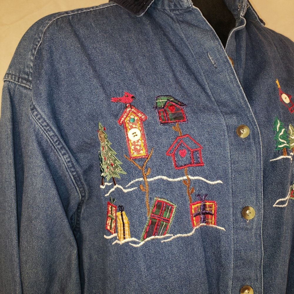 Casey & Max Blue Velvet Collared Denim Holiday Shirt - L - Picture 3 of 9